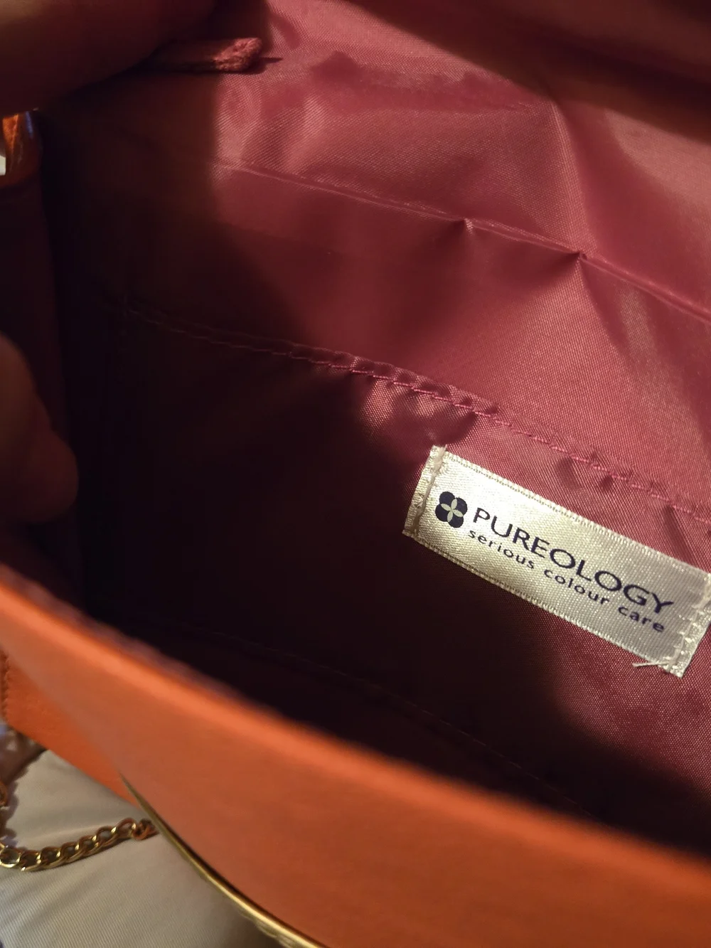 Pureology Thin Colorblock Pink and Orange Chain Cross-Body Bag 7x8.5 Good Cond.